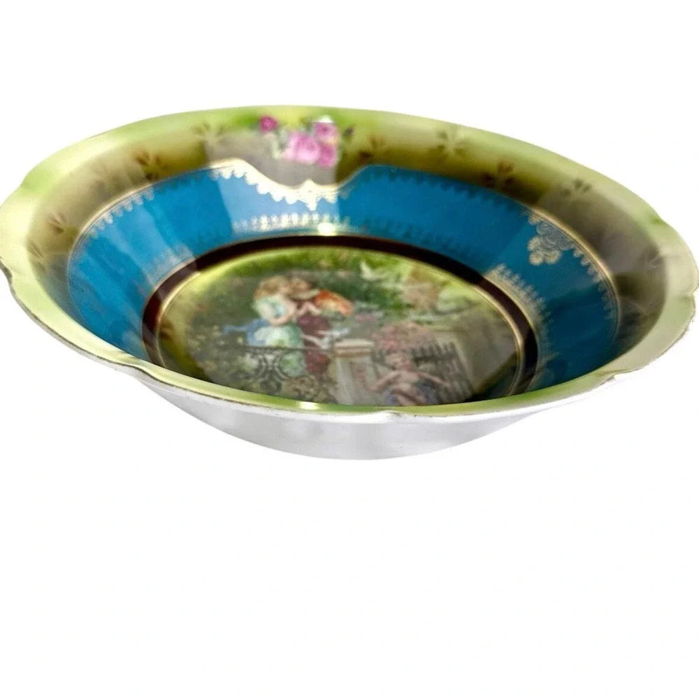 Victoria Austria Porcelain Bowl with Romantic Scene, Roses, Blue & Green Trim